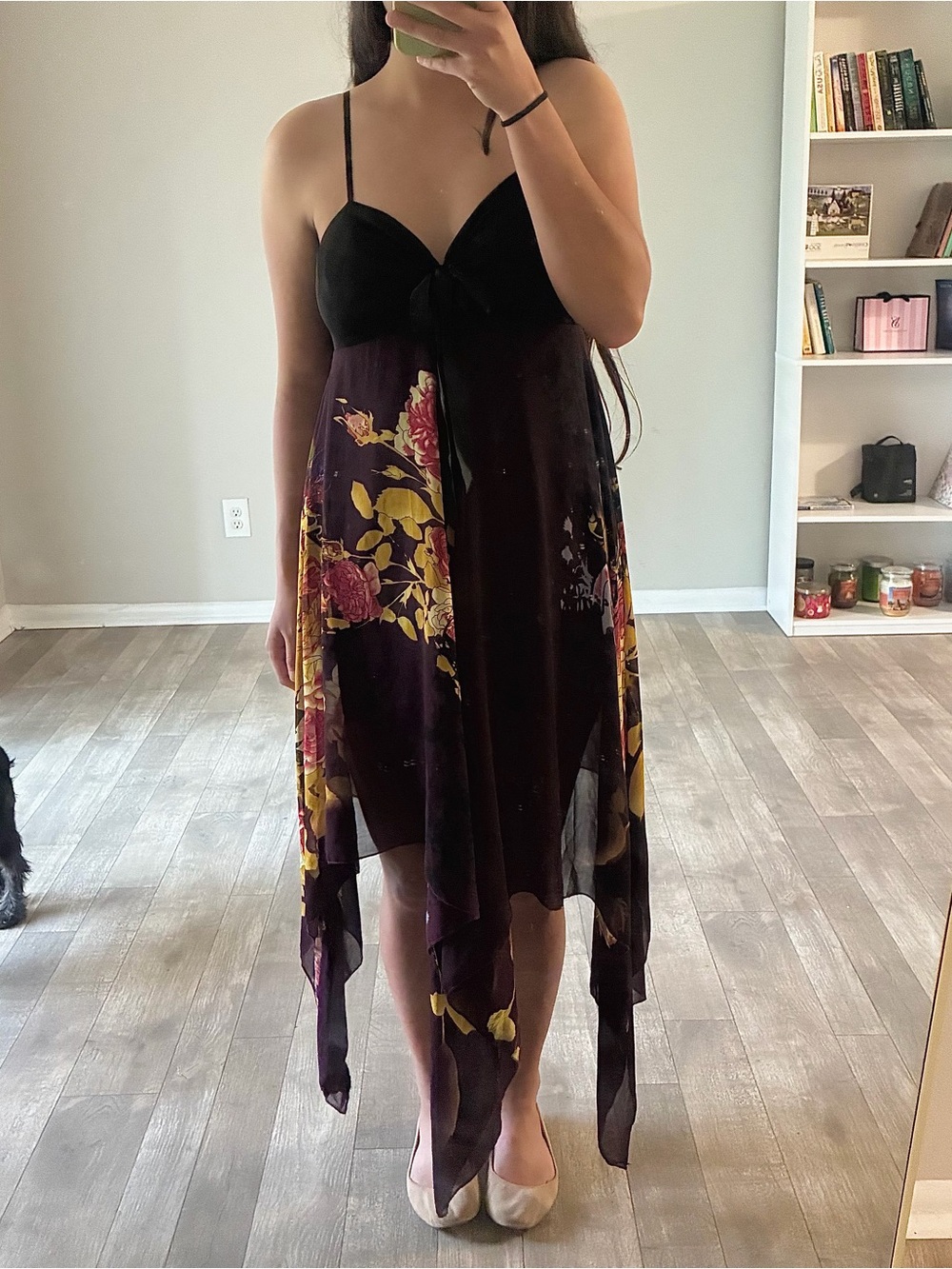 Gorgeous Purple and black floral midi dress with a bow tie front Size: S